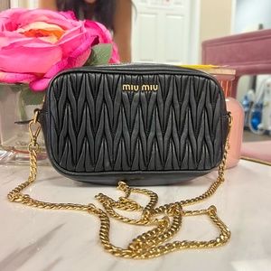 Miu Miu Black Leather Matelassé Bandoleer Bag
